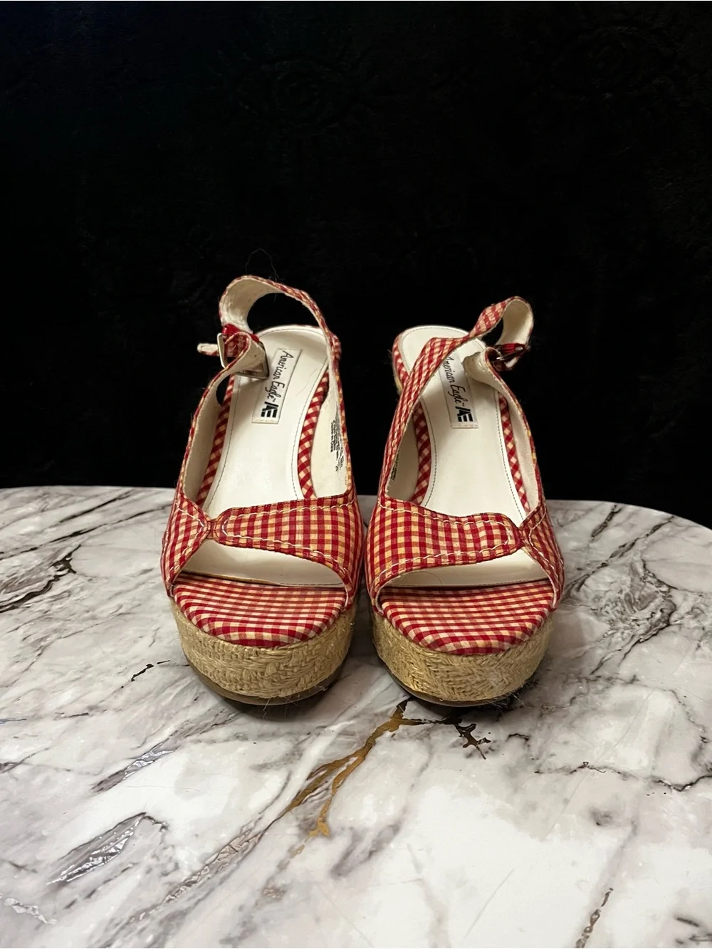 American Eagle Outfitters Red Gingham Espadrille Wedge Sandals
